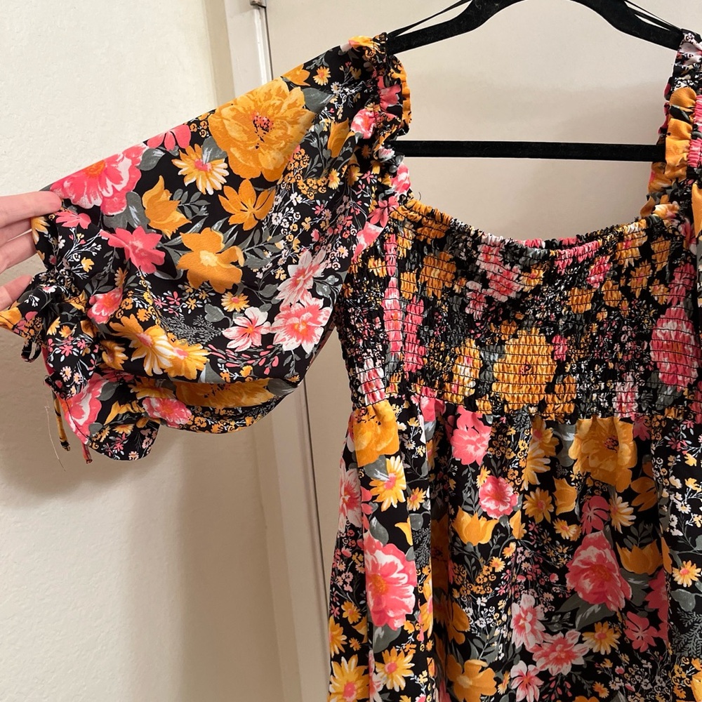 Twine & String Peasant Boho Smocked Blouse Floral… - image 4